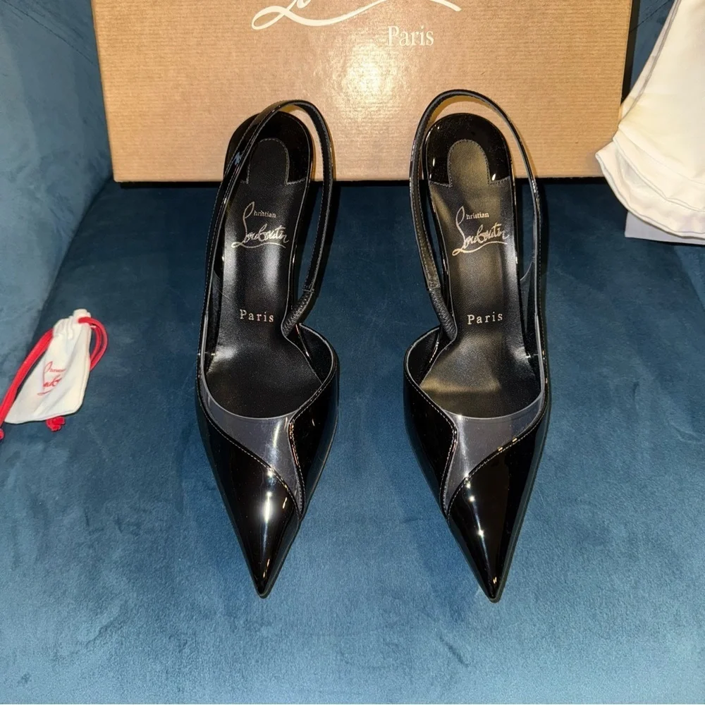 New Size 37.5 Christian Louboutin Posticha 80 leather and PVC slingback pumps